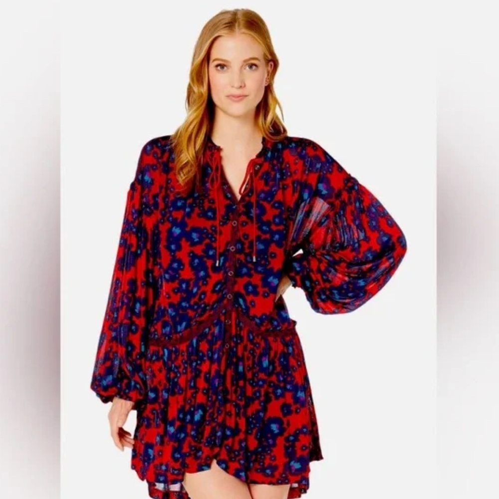 Free People Love Letter Red and Blue Floral Tunic Dress - Picture 1 of 7